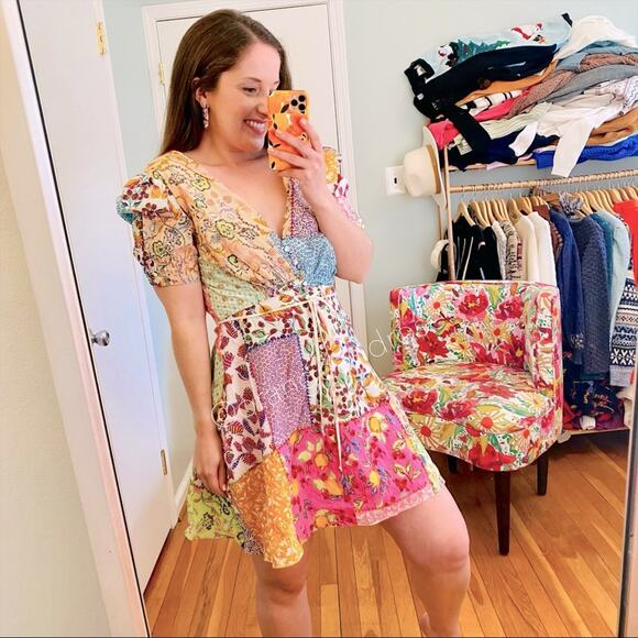 NWT SALONI Lea Cotton V Neck Button Patchwork Fruit Colorful Mini Dress 8 - Picture 1 of 16